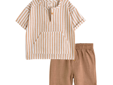 Gestreiftes Kurzarmhemd und Shorts Set in Cappuccino und Weiß