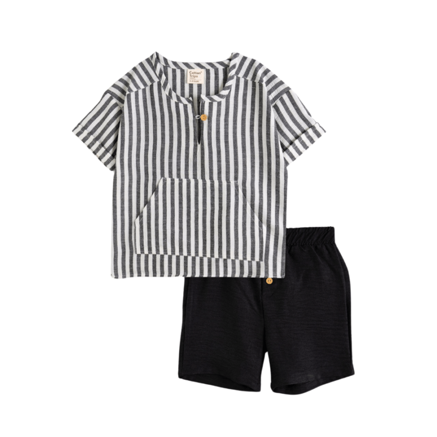 Gestreiftes Kurzarmhemd und Shorts Set in schwarz und Weiß