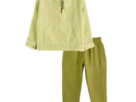 Gestreiftes Langarmhemd und Hose Set in Khaki und Weiß