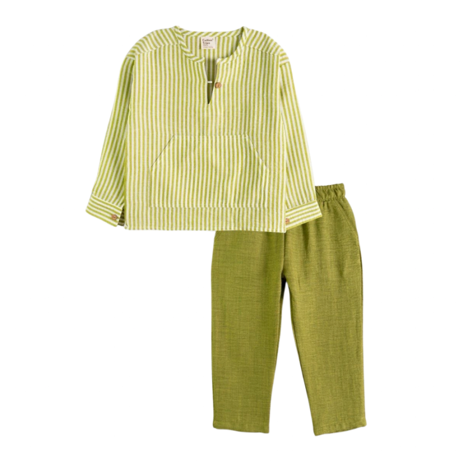 Gestreiftes Langarmhemd und Hose Set in Khaki und Weiß