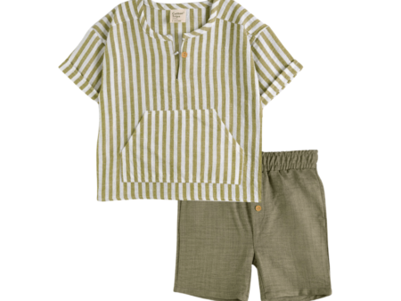 Gestreiftes Kurzarmhemd und Shorts Set in Khaki und Weiß