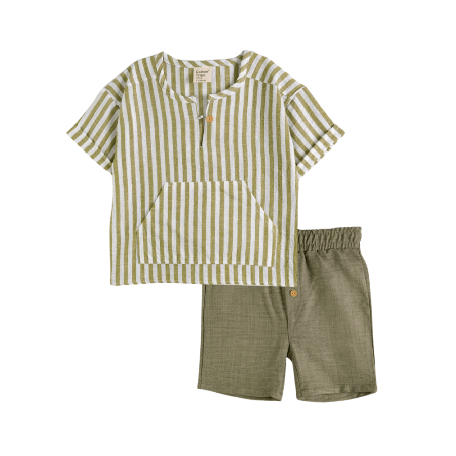 Gestreiftes Kurzarmhemd und Shorts Set in Khaki und Weiß
