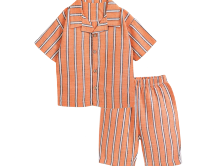 Gestreiftes Kurzarmhemd und Shorts Set in Orange und Weiß
