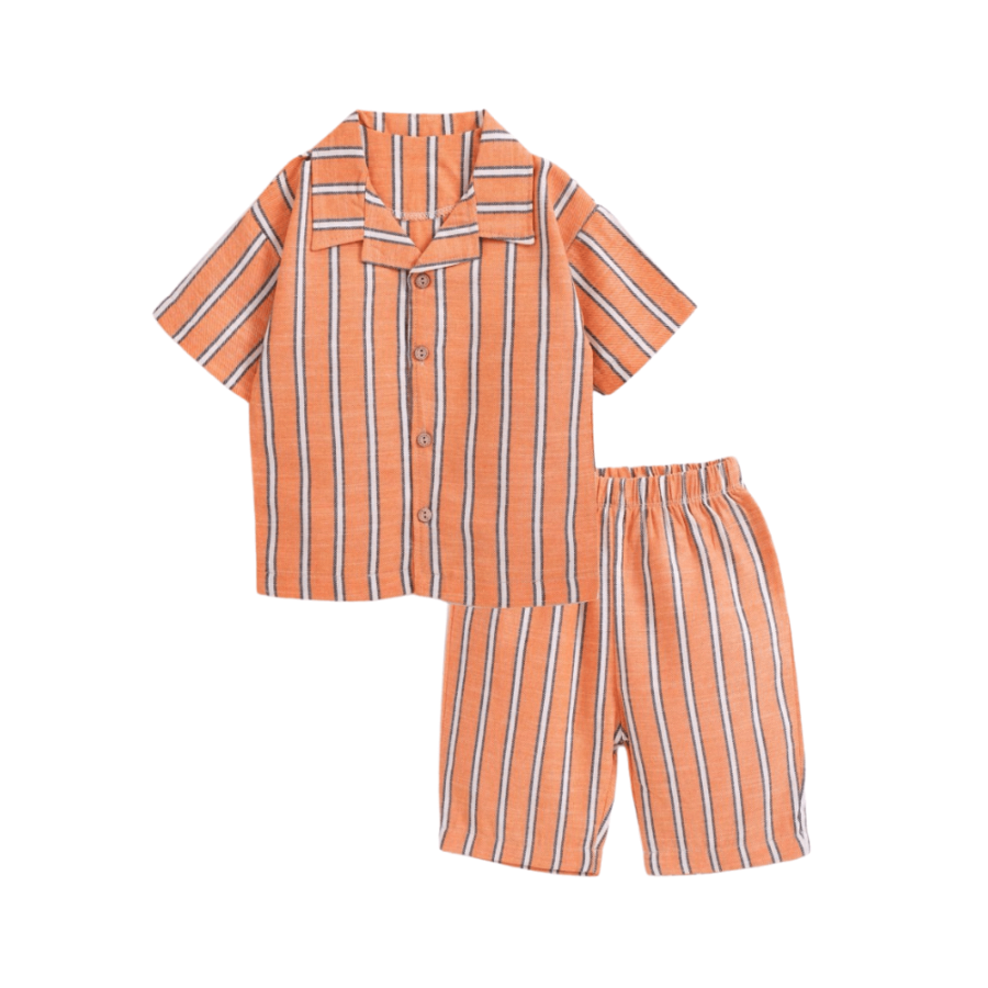 Gestreiftes Kurzarmhemd und Shorts Set in Orange und Weiß – Bild 2